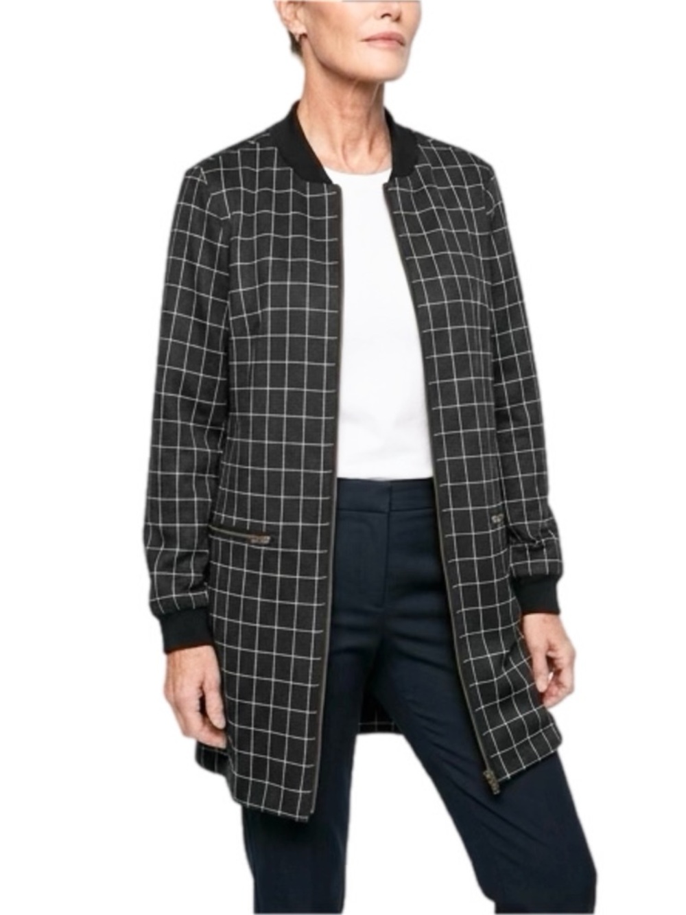 CHELSEA & THEODORE black and white windowpane plaid full zip long jacket Medium